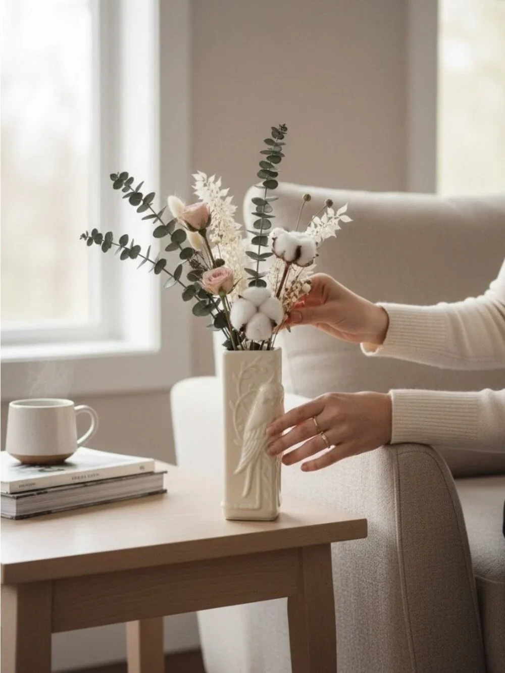 Ceramic Parrot Embossed Decorative Vase In Glossy White Finish